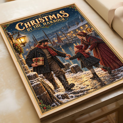 Christmas by the Harbour Poster, Victorian Nautical Xmas Wall Art, Snowy Festive Print