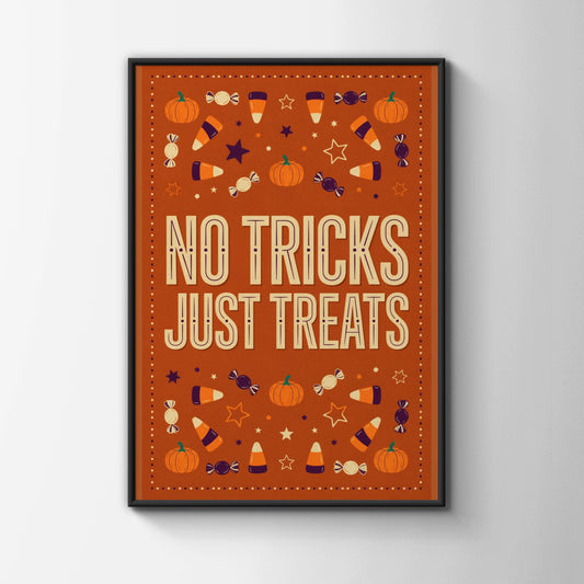 No Tricks Just Treats Halloween Poster, Candy Corn Pumpkin Orange Wall Art Print