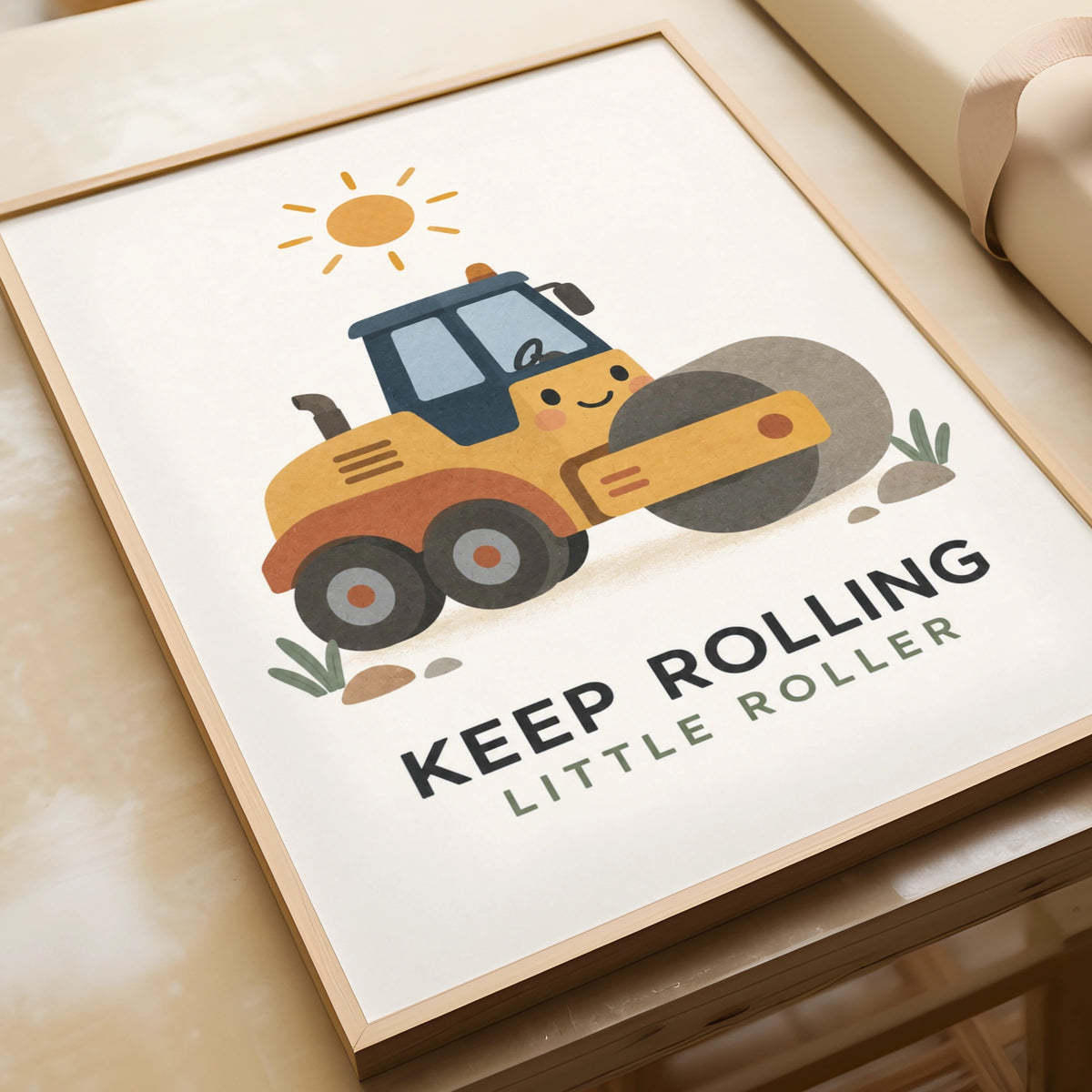 Keep Rolling Little Roller Road Roller Poster, Kids Construction Wall Art Print