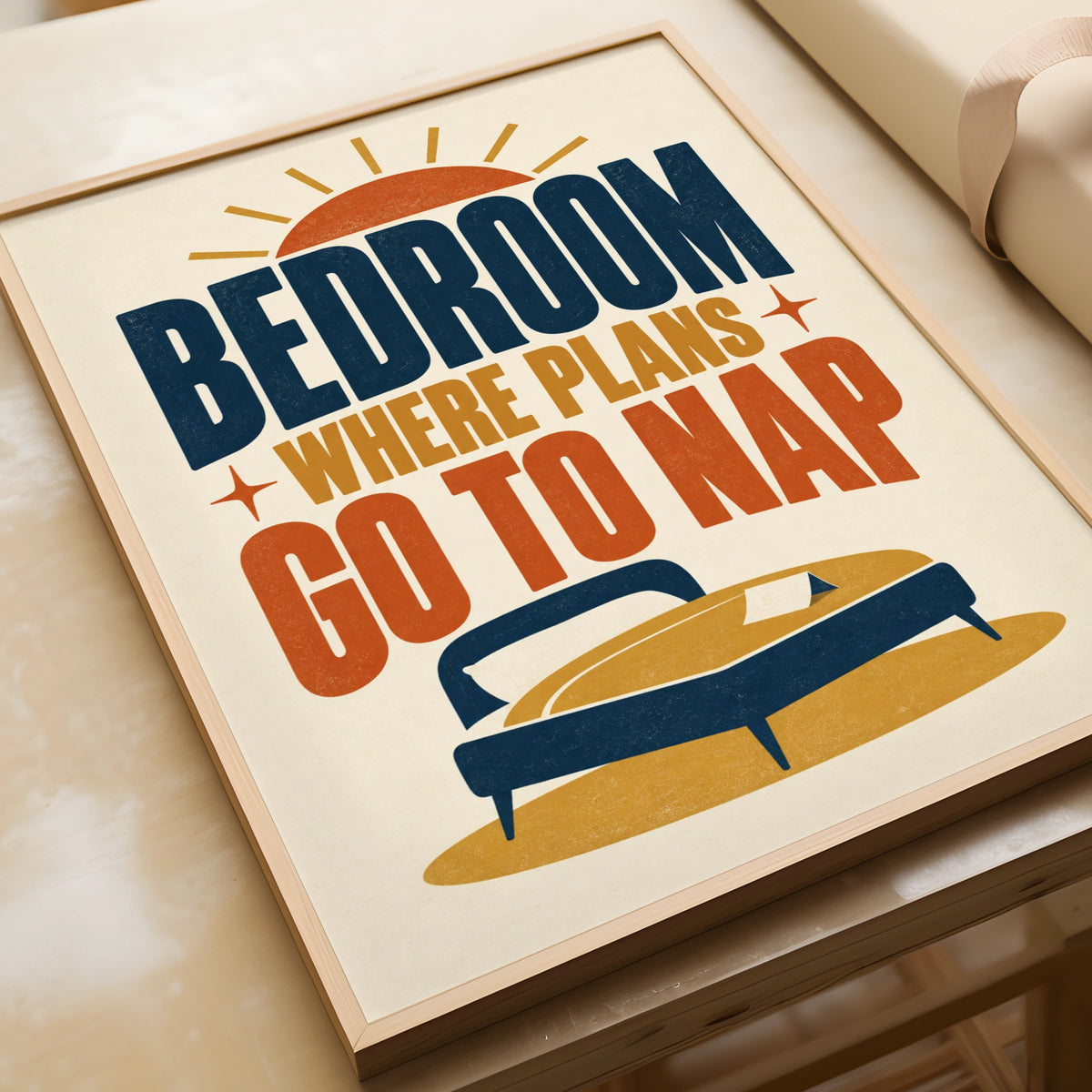 Bedroom Where Plans Go To Nap Funny Quote Print, Retro Typography Poster, Navy Gold