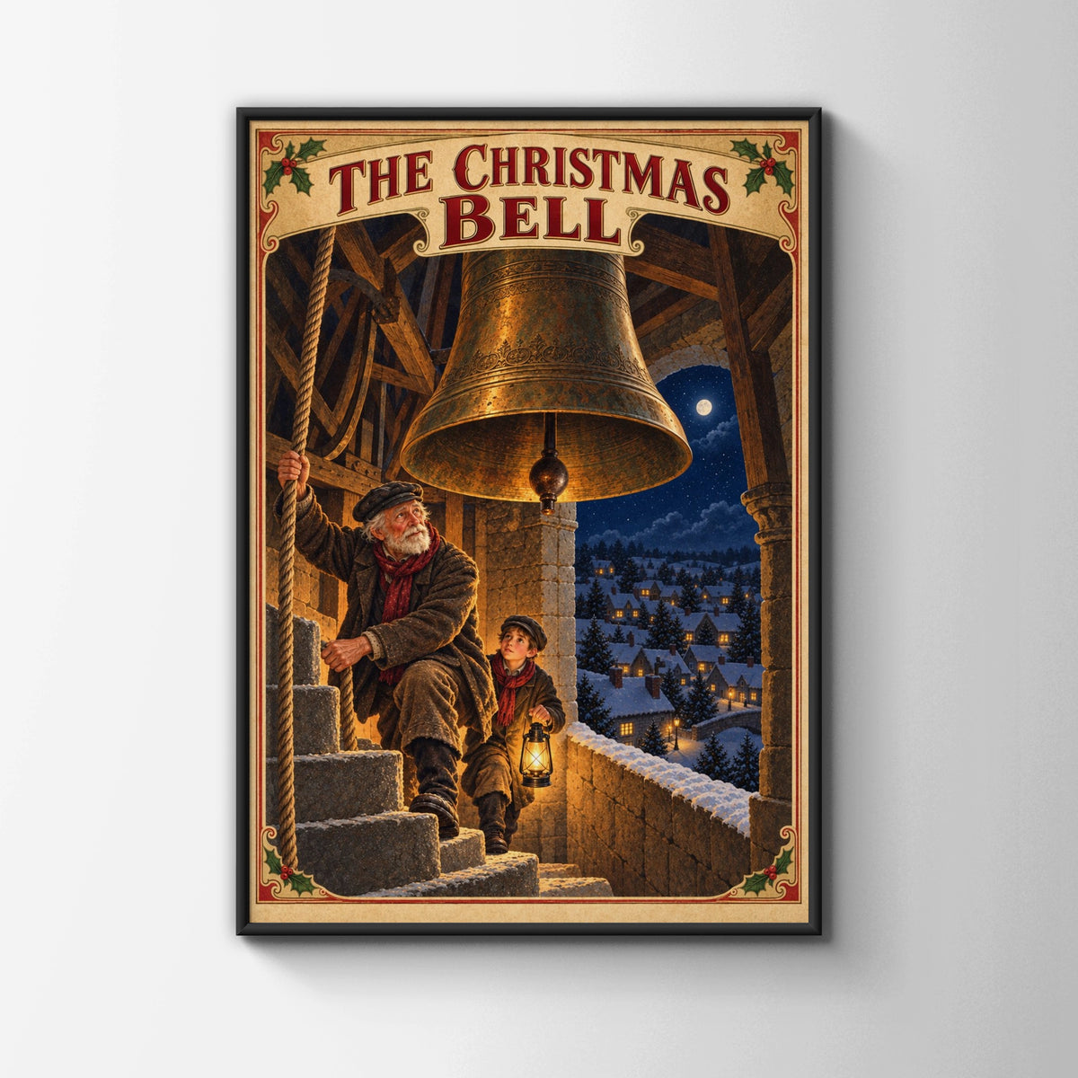 Victorian Christmas Bell Tower Poster, Vintage Festive Wall Art, Snowy Village Print