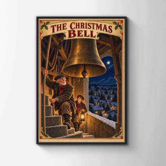 Victorian Christmas Bell Tower Poster, Vintage Festive Wall Art, Snowy Village Print