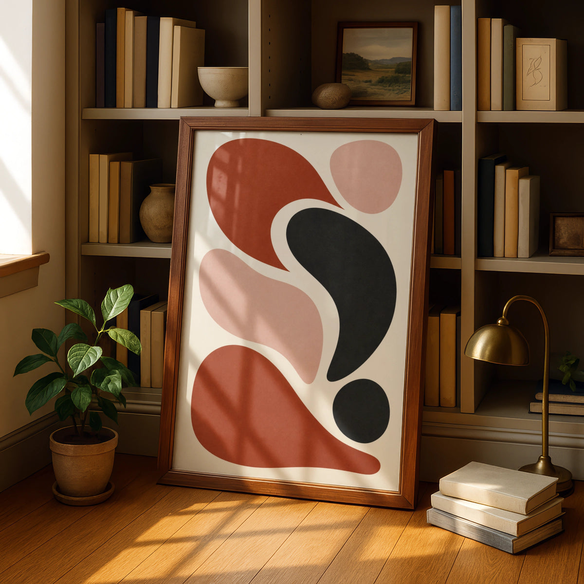 Rust and Cream Abstract Shapes Poster, Mid Century Modern Wall Art Print