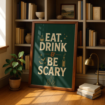 Eat Drink and Be Scary Halloween Poster, Spooky Typography Wall Art, Dark Green
