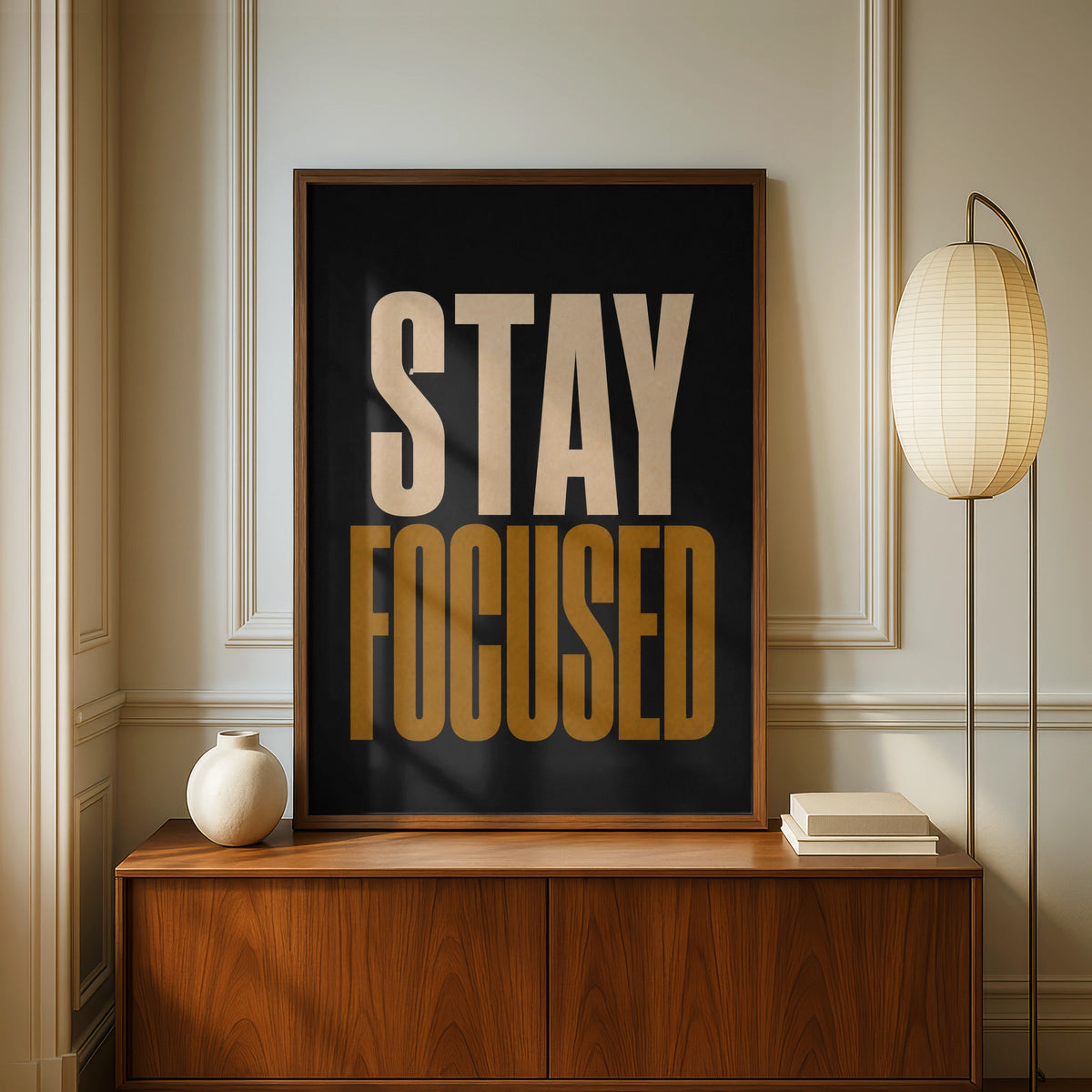 Stay Focused Motivational Poster, Bold Typography Print, Black Gold Office Wall Art