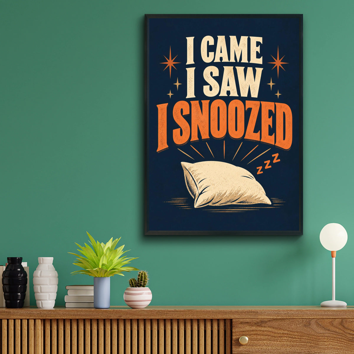 I Came I Saw I Snoozed Funny Sleep Quote Poster, Retro Navy Blue Wall Art Print