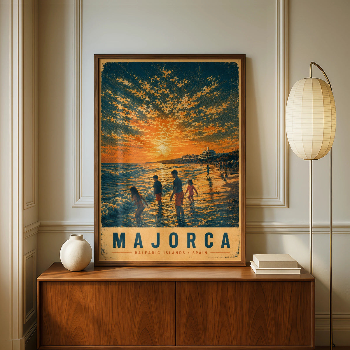 Majorca Vintage Travel Poster, Balearic Islands Spain Beach Sunset Wall Art Print