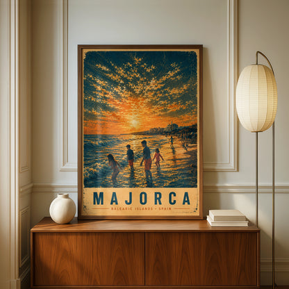 Majorca Vintage Travel Poster, Balearic Islands Spain Beach Sunset Wall Art Print