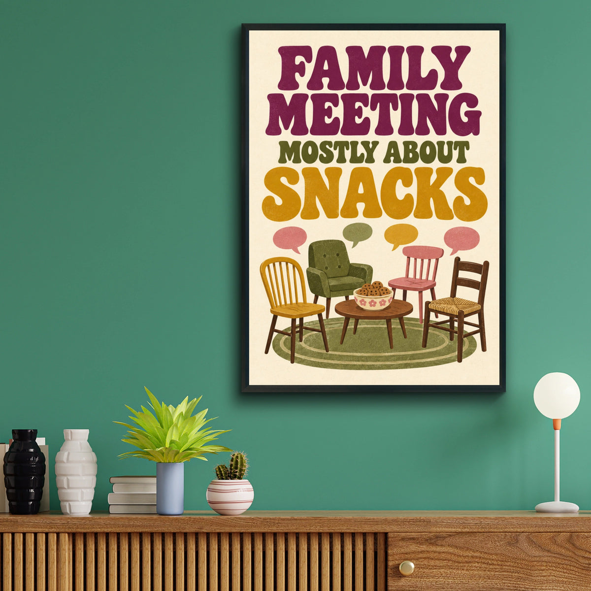 Family Meeting Mostly About Snacks Poster, Funny Kitchen Wall Art, Retro Home Print