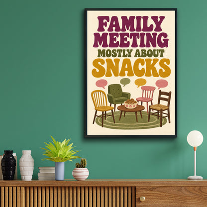 Family Meeting Mostly About Snacks Poster, Funny Kitchen Wall Art, Retro Home Print