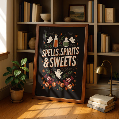 Spells Spirits and Sweets Halloween Poster, Witchy Ghost Wall Art, Dark Retro Print