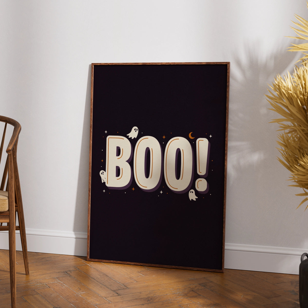 Boo Halloween Ghost Poster, Spooky Wall Art, Dark Purple Retro Typography Print