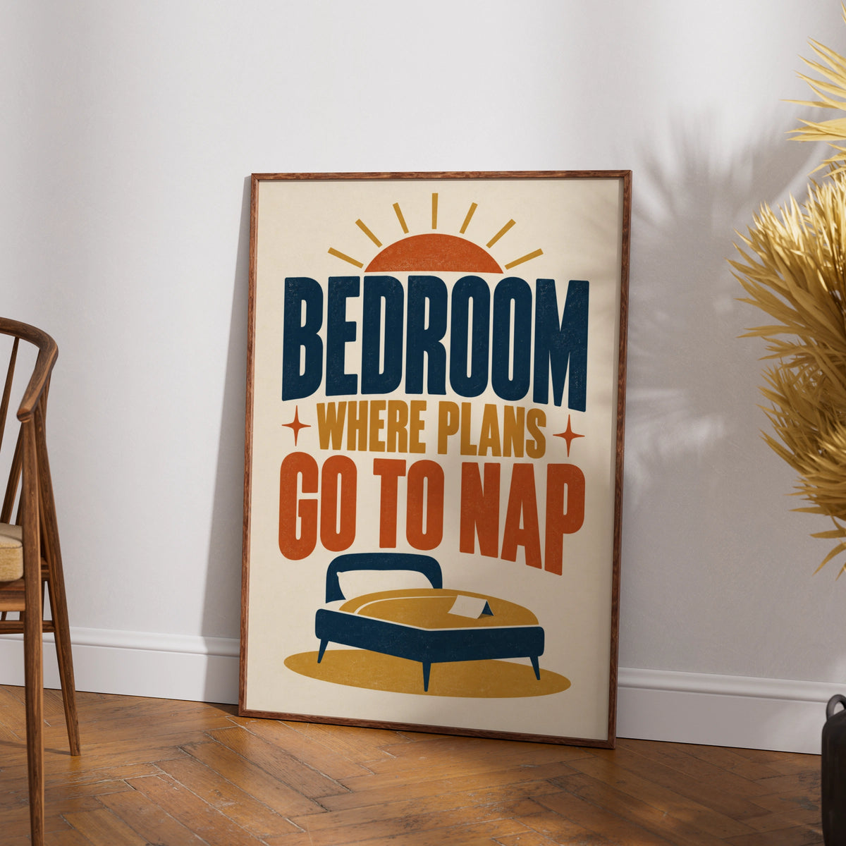 Bedroom Where Plans Go To Nap Funny Quote Print, Retro Typography Poster, Navy Gold