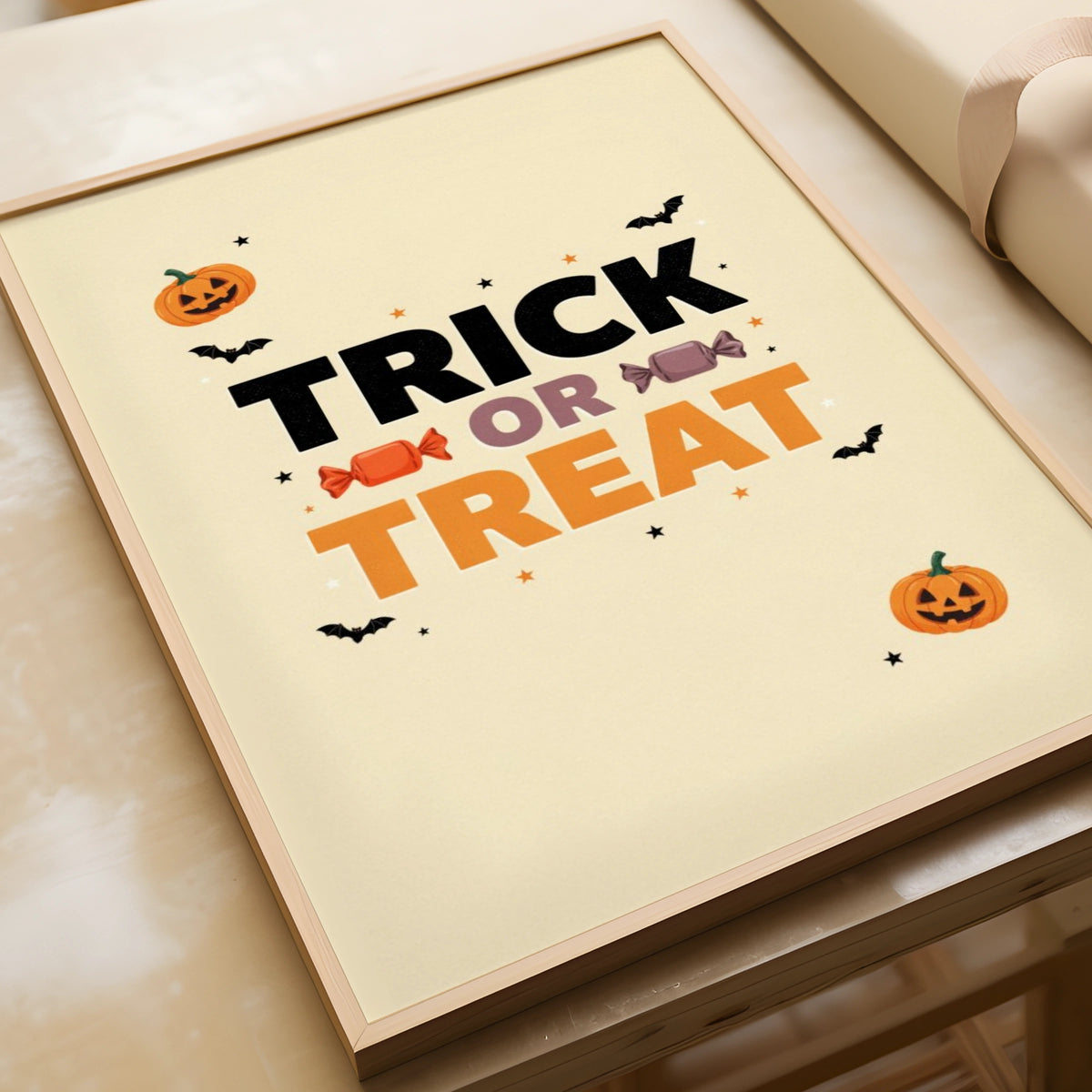 Trick or Treat Halloween Poster, Pumpkin Bat Candy Wall Art, Spooky Kids Print
