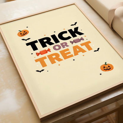 Trick or Treat Halloween Poster, Pumpkin Bat Candy Wall Art, Spooky Kids Print