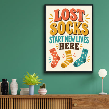 Lost Socks Start New Lives Here Funny Laundry Room Poster, Retro Humour Wall Art