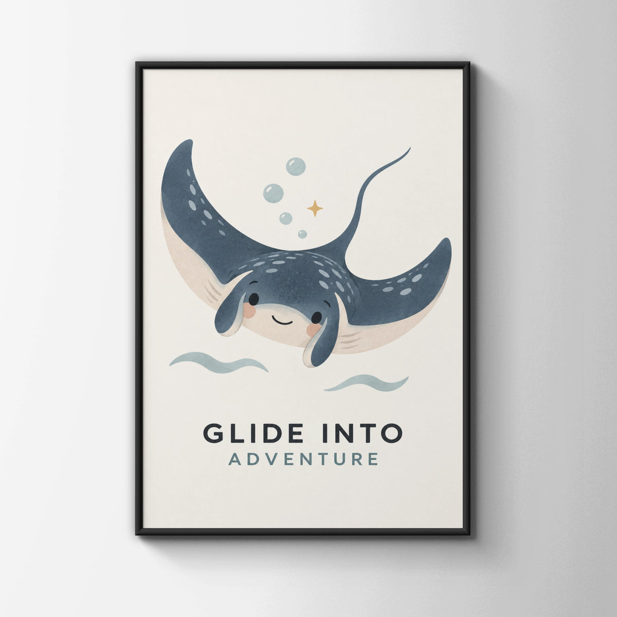 Glide Into Adventure Stingray Poster, Cute Ocean Kids Wall Art, Blue Nursery Print