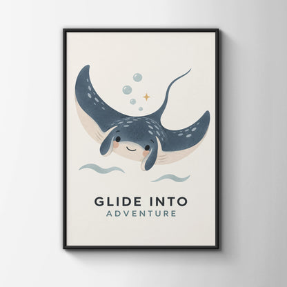 Glide Into Adventure Stingray Poster, Cute Ocean Kids Wall Art, Blue Nursery Print
