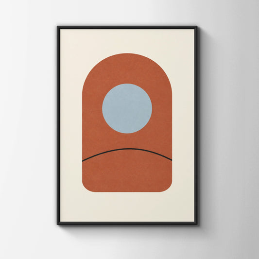 Terracotta Arch Window Art Print, Minimalist Clay Abstract Poster, Blue Circle Wall Art