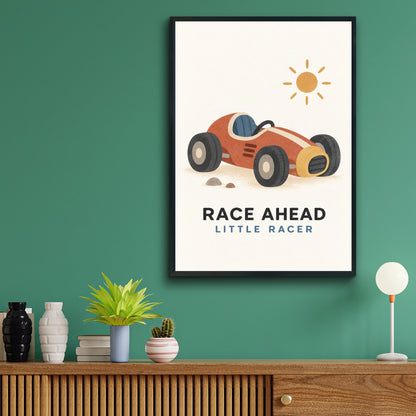 Race Ahead Little Racer Boys Nursery Poster, Vintage Racing Car Kids Wall Art Print