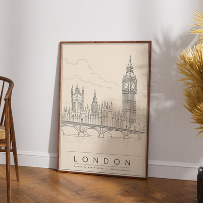 London Travel Poster, Big Ben Wall Art, Palace of Westminster Line Art Print, UK City