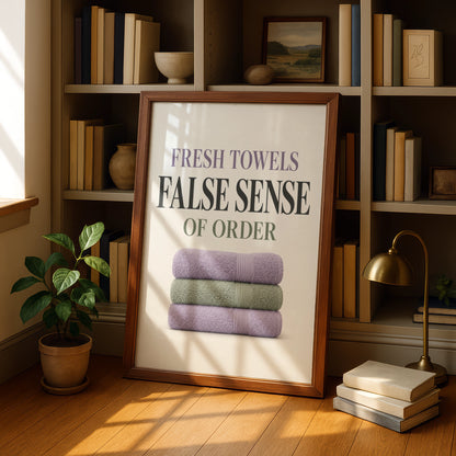 Fresh Towels False Sense of Order Funny Bathroom Poster, Humour Wall Art Print