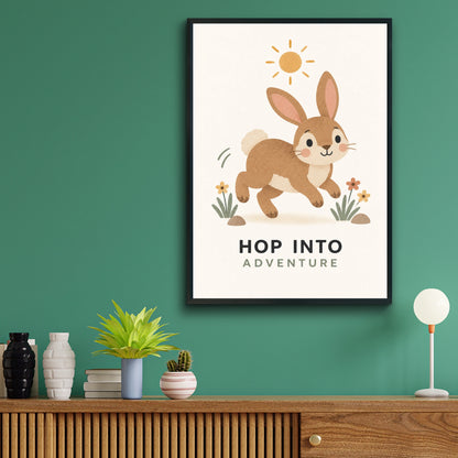 Hop Into Adventure Bunny Nursery Poster, Cute Rabbit Kids Wall Art Print