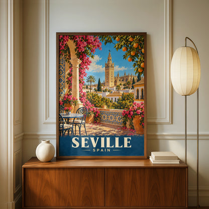 Seville Spain Travel Poster, Giralda Cathedral Wall Art, Vintage Spanish Print