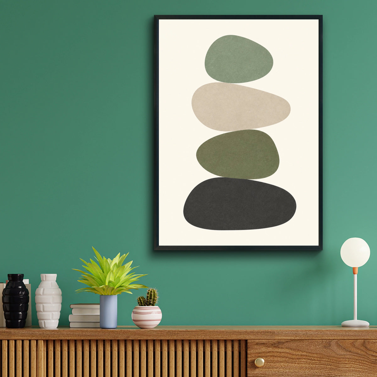 Sage Green Pebble Stack Print, Minimalist Stone Balance Poster, Boho Wall Art