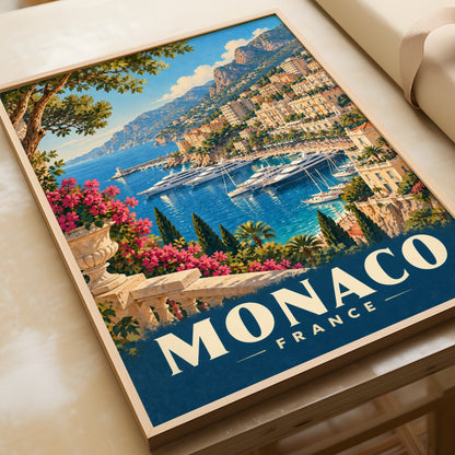 Monaco France Vintage Travel Poster, Retro Riviera Harbour Wall Art Print