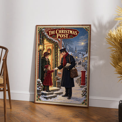 Victorian Christmas Postman Poster, Vintage Snowy Village Wall Art, Festive Holiday Print