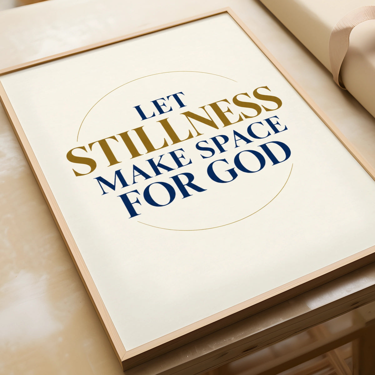 Let Stillness Make Space For God Poster, Christian Faith Wall Art, Navy Gold Quote Print