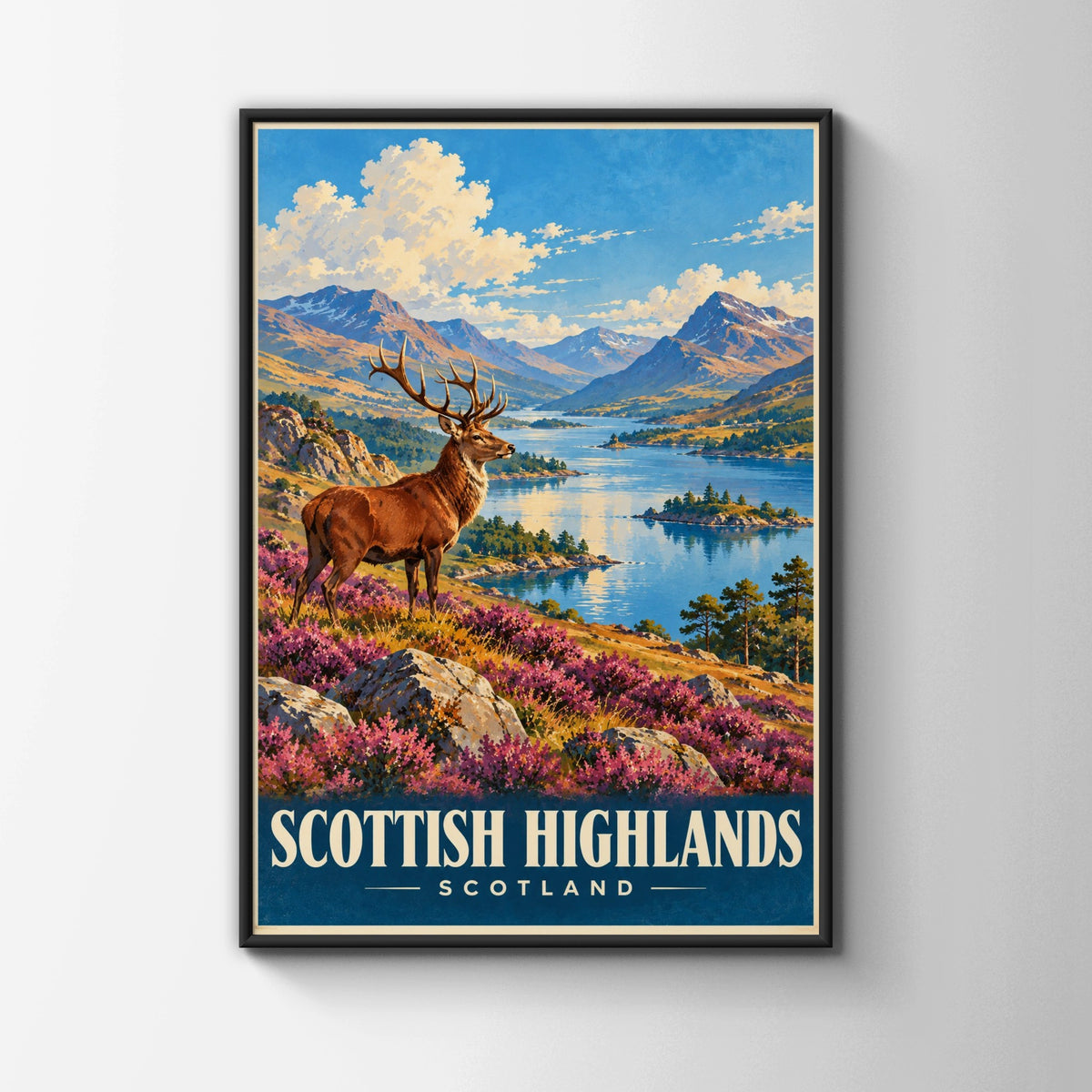 Scottish Highlands Scotland Poster, Red Deer Stag Print, Loch Mountain Wall Art, Vintage Travel