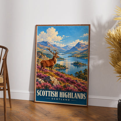 Scottish Highlands Scotland Poster, Red Deer Stag Print, Loch Mountain Wall Art, Vintage Travel