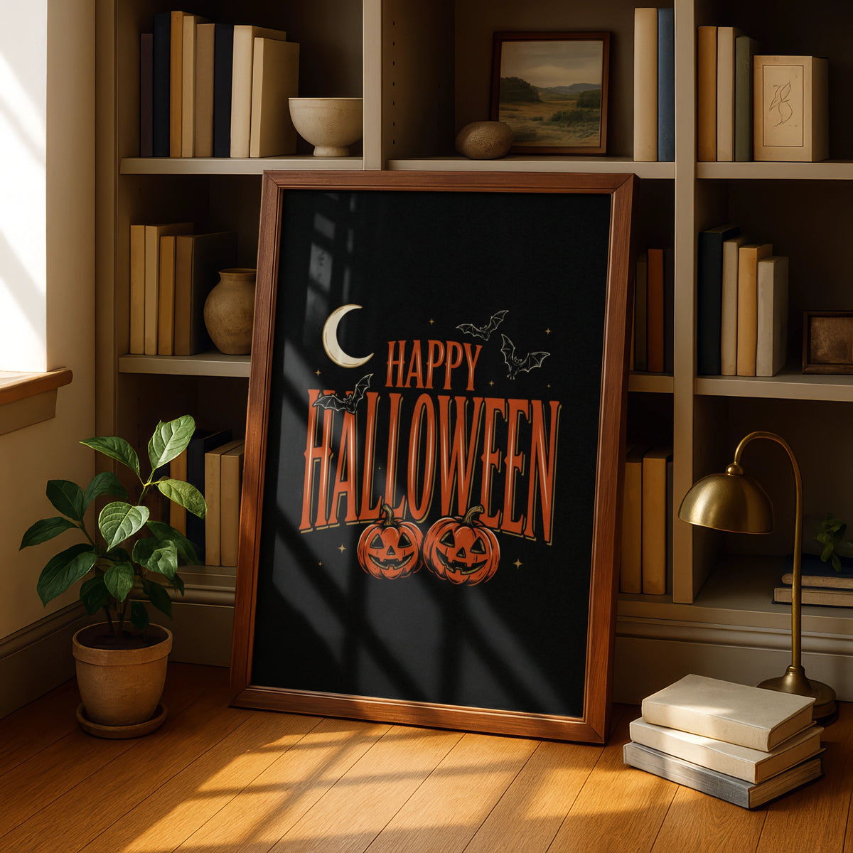 Happy Halloween Poster, Jack-o-Lantern Wall Art, Pumpkin Bat Moon Spooky Print, Orange Black