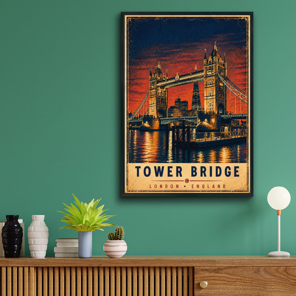 Tower Bridge London Vintage Travel Poster, Retro England Wall Art Print