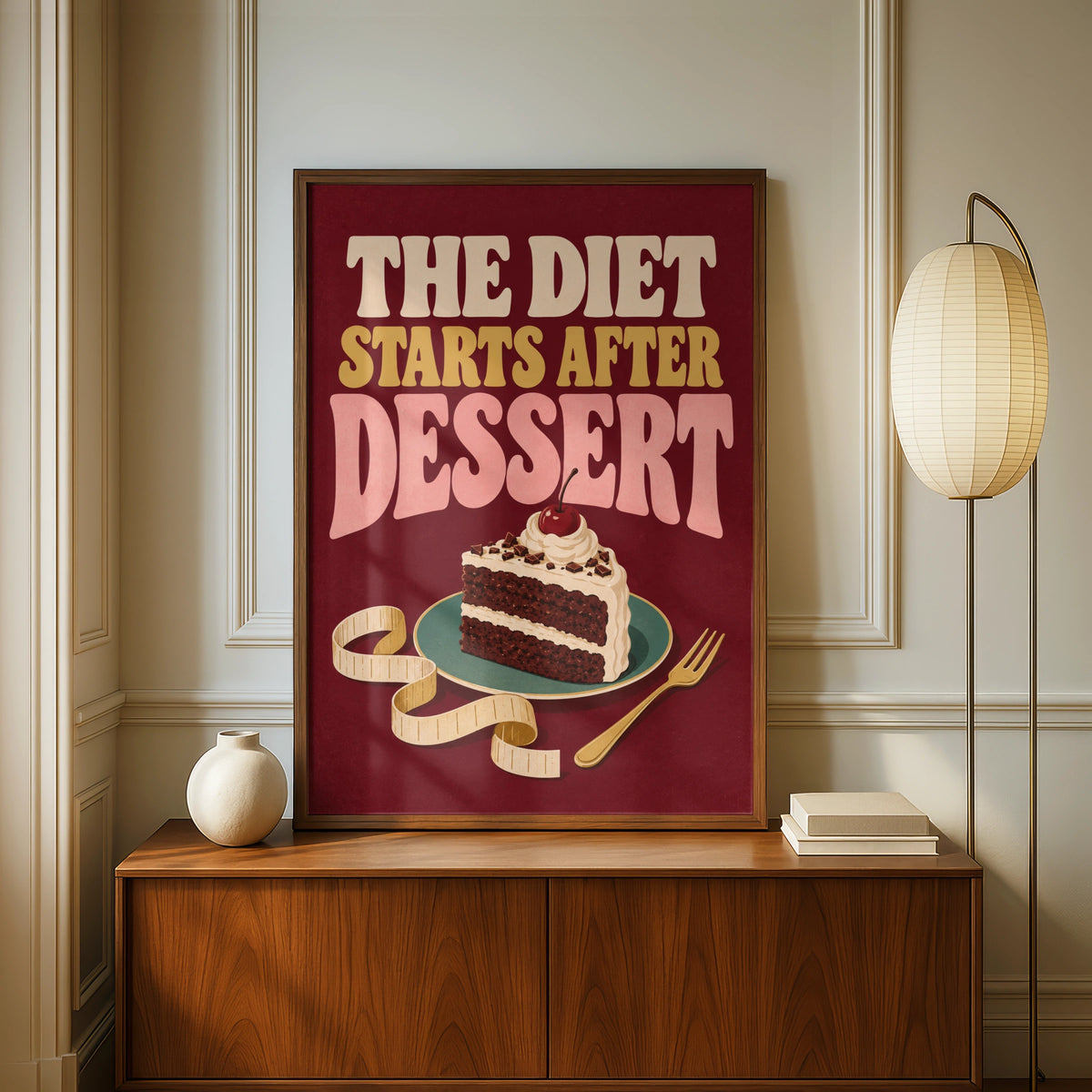 The Diet Starts After Dessert Funny Kitchen Poster, Retro Cake Wall Art Print