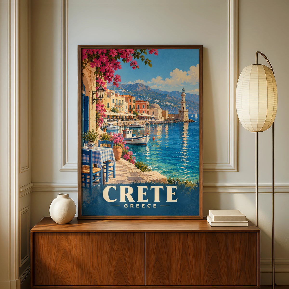 Crete Greece Travel Poster, Chania Harbour Wall Art, Mediterranean Print, Greek Island Decor