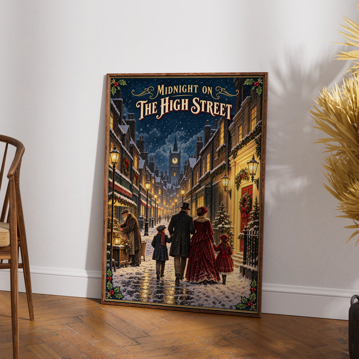 Victorian Christmas Street Scene Poster, Midnight High Street, Snowy Dickensian Wall Art Print