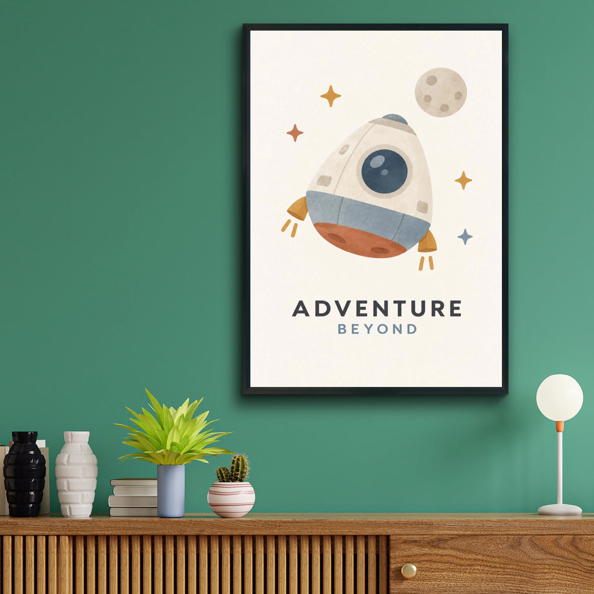 Adventure Beyond Space Rocket Poster, Kids Room Wall Art, Nursery Print, Boho Colours