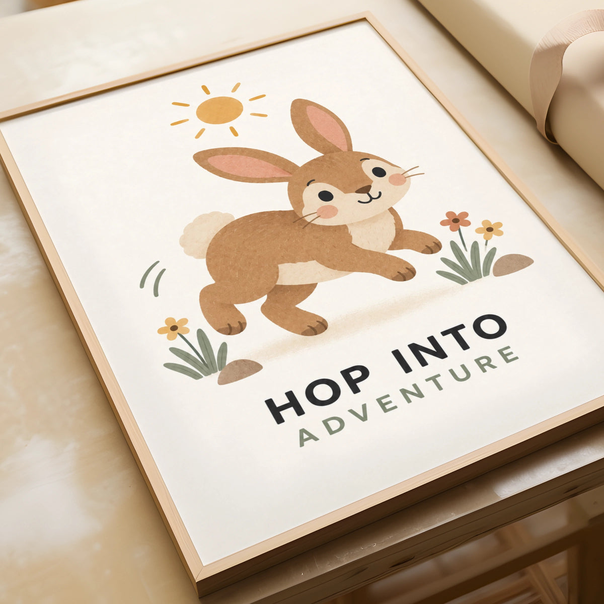 Hop Into Adventure Bunny Nursery Poster, Cute Rabbit Kids Wall Art Print
