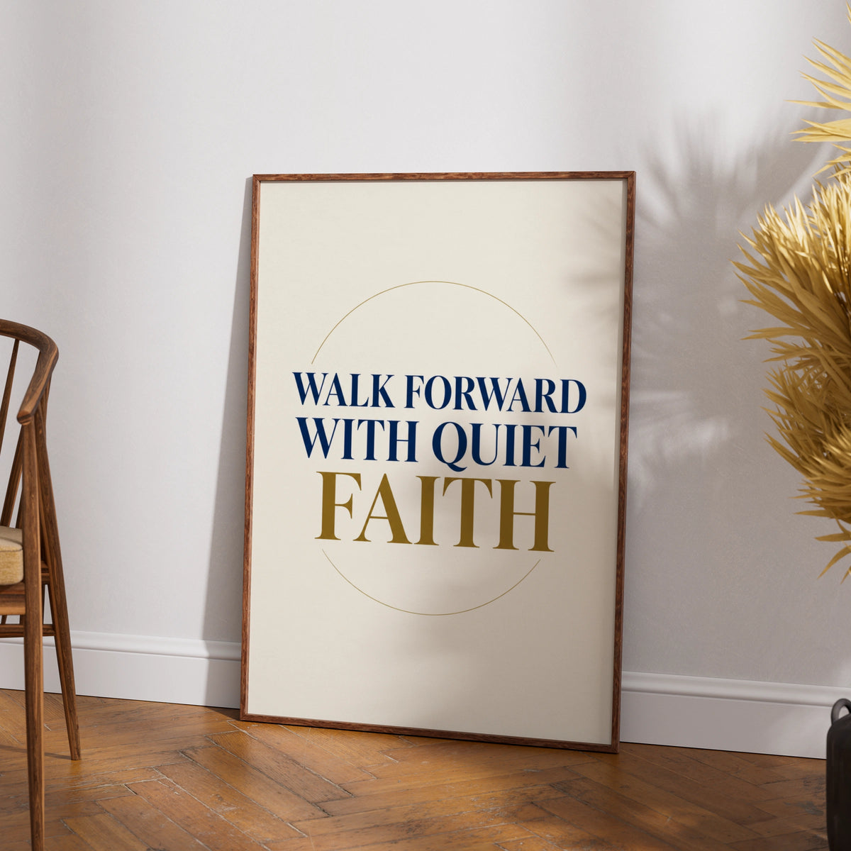 Walk Forward With Quiet Faith Poster, Inspirational Quote Print, Navy Gold Wall Art