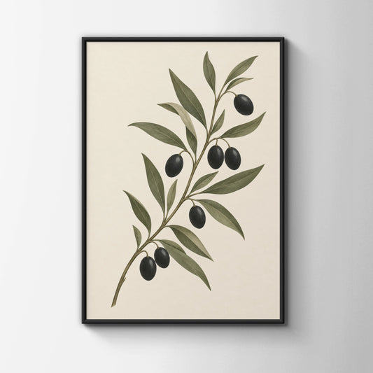 Olive Branch Botanical Print, Black Olive Study Wall Art, Kitchen Poster, Neutral Green