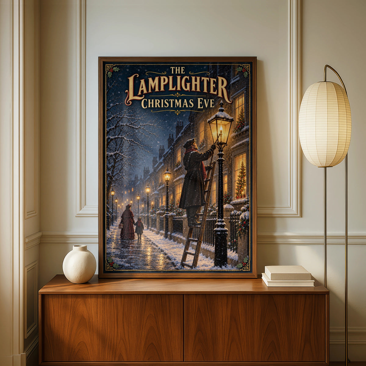 Victorian Christmas Eve Poster, Lamplighter Snow Street Wall Art, Dickensian Festive Print