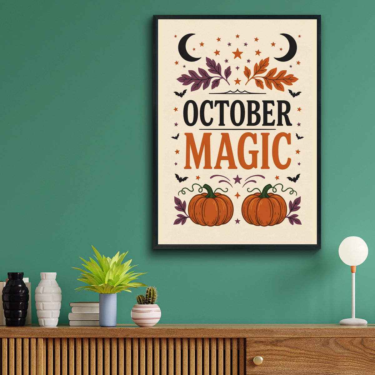 October Magic Halloween Poster, Autumn Pumpkin Wall Art, Witchy Celestial Seasonal Print