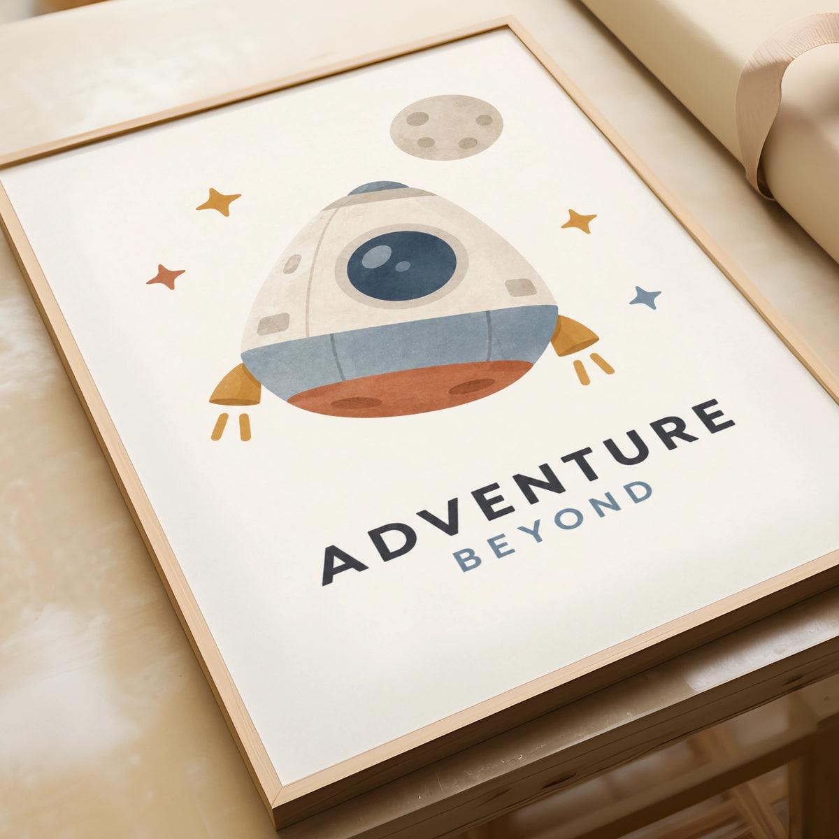 Adventure Beyond Space Rocket Poster, Kids Room Wall Art, Nursery Print, Boho Colours