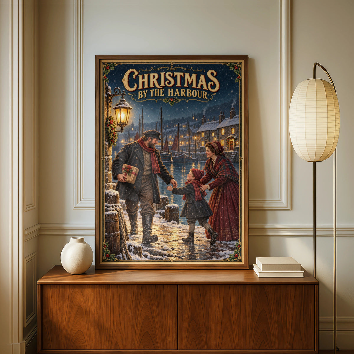 Christmas by the Harbour Poster, Victorian Nautical Xmas Wall Art, Snowy Festive Print