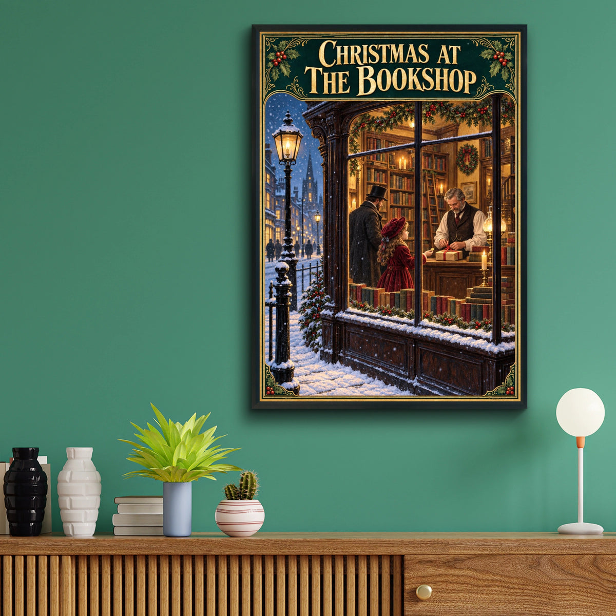 Christmas at the Bookshop Poster, Victorian Bookstore Wall Art, Festive Reading Print