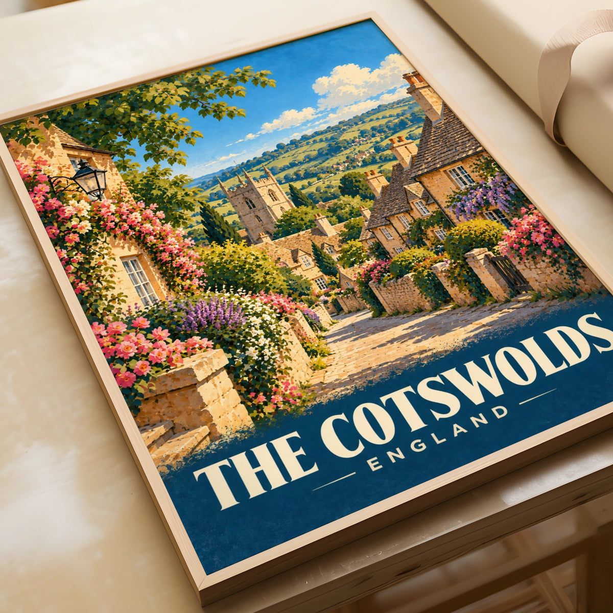 Cotswolds England Travel Poster, Vintage Village Wall Art, English Countryside Print
