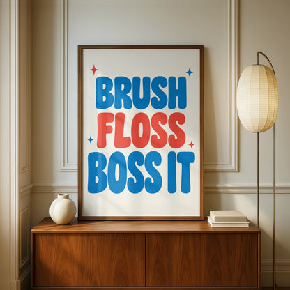 Brush Floss Boss It Bathroom Poster, Funny Dental Wall Art, Kids Retro Print